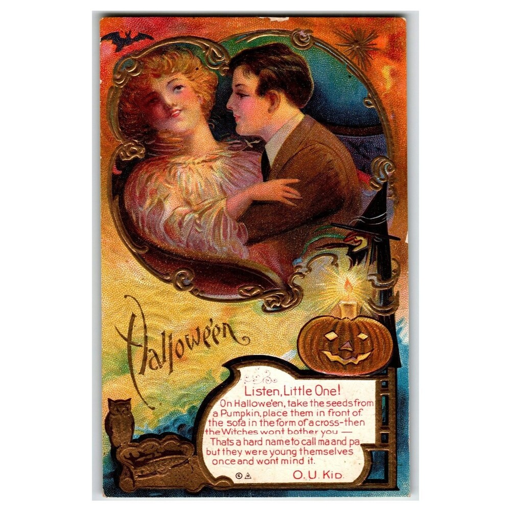 Vintage 1910 Embossed Halloween Postcard Romantic Couple & Pumpkin